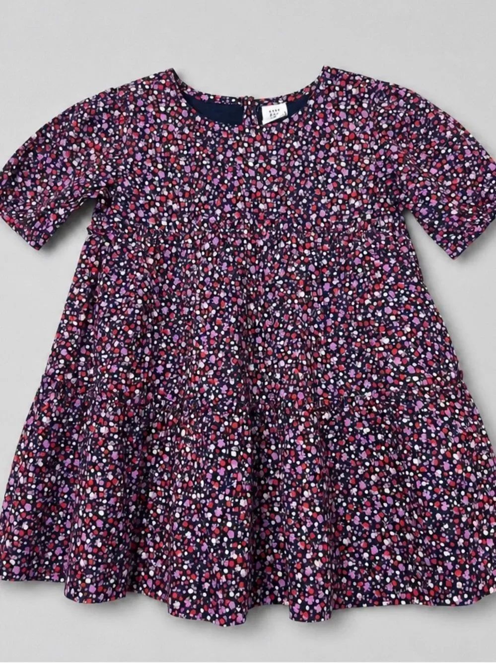 Baby GAP navy and purple floral print tiered ruffle puff sleeve cotton dress NWT